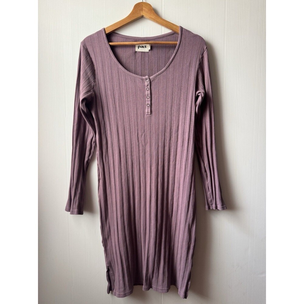 Pact Henley Dress Ribbed Organic Cotton Purple Stretch Body Con Sz L Women’s